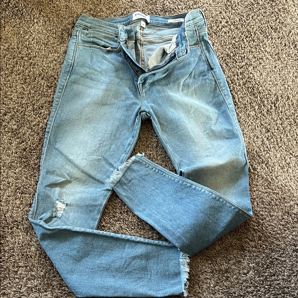 Frame Denim Light Blue Distressed Ankle Crop Jeans